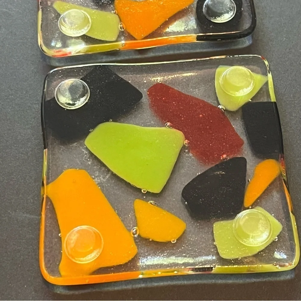 Fused Art Glass Coasters Barware Drink Abstract Geometric Black Orange MCM 4x